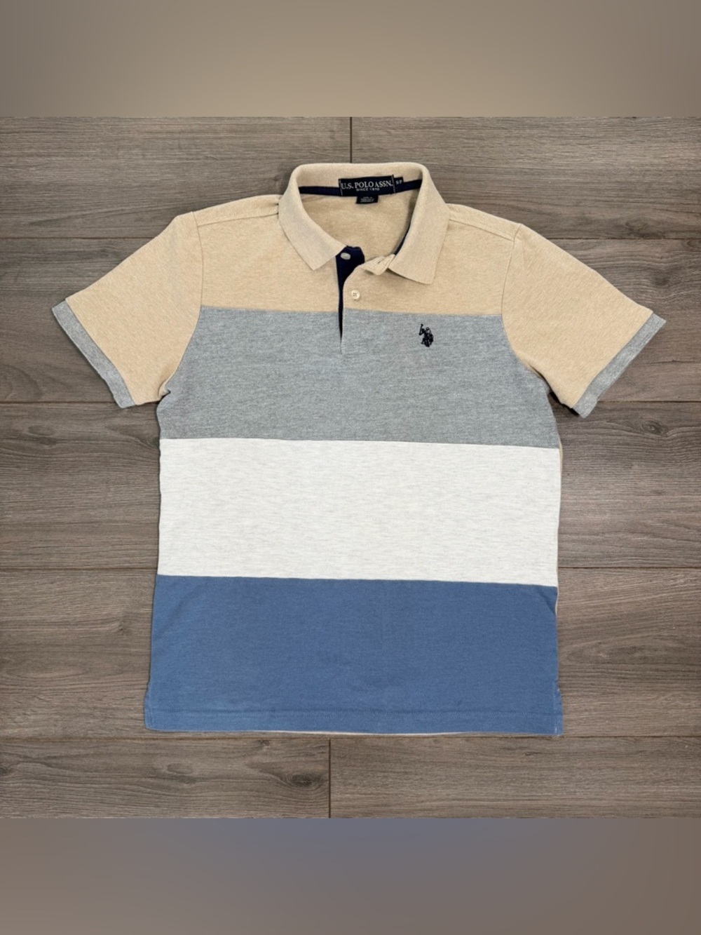 U.S. Polo Assn. Boys' Beige/Gray/White/Blue Striped Polo